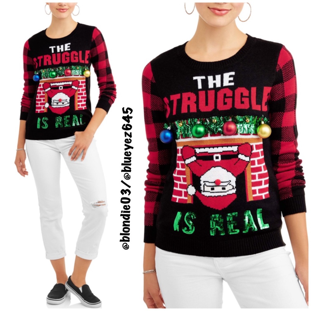 No Boundaries Red and Black Crew Neck Sweater Festive Design